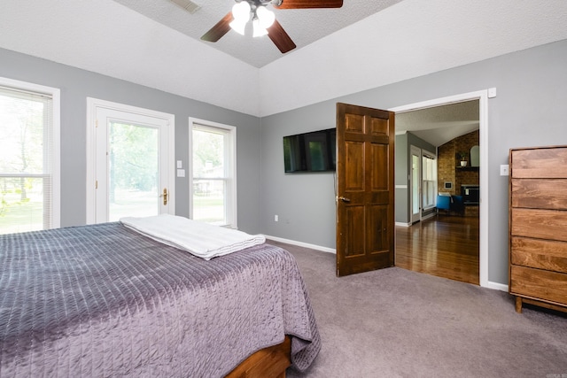 11 Blue Mountain Dr, Maumelle, AR 72113 - bedroom with lofted ceiling, carpet, access to exterior, baseboards, and ceiling fan