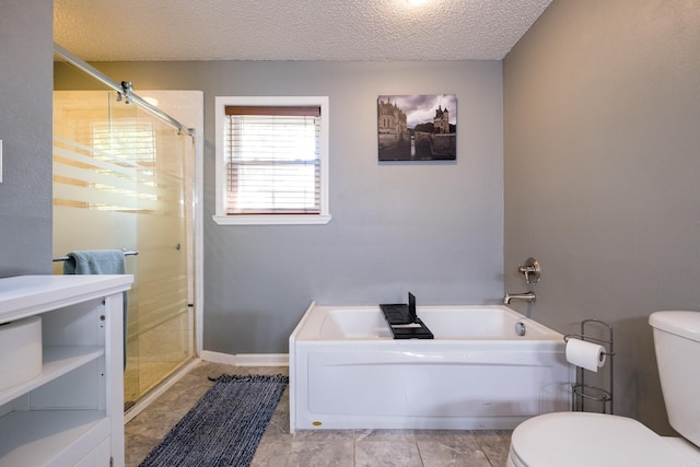 11 Blue Mountain Dr, Maumelle, AR 72113 - full bathroom with toilet, a shower stall, a garden tub, and a textured ceiling