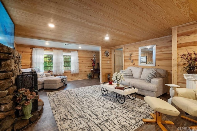 4915 Albert Pike Rd, Hot Springs, AR 71913 - living room featuring wooden walls, wooden ceiling, wood finished floors, and recessed lighting