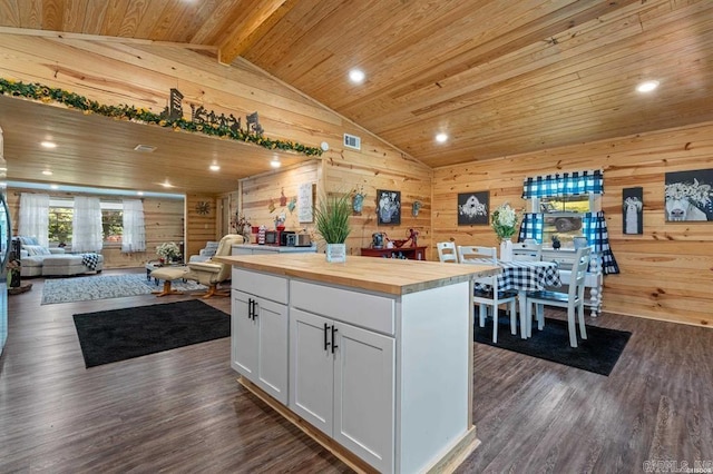 4915 Albert Pike Rd, Hot Springs, AR 71913 - kitchen with wooden counters, wooden walls, open floor plan, wood ceiling, and white cabinets