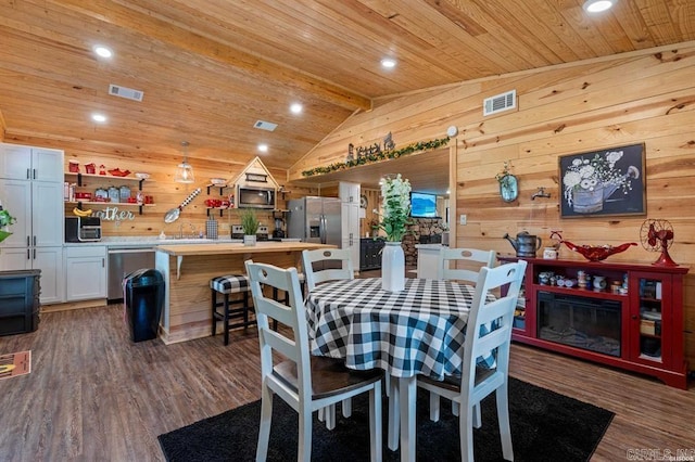 4915 Albert Pike Rd, Hot Springs, AR 71913 - dining space with dark wood-style floors, wooden ceiling, recessed lighting, and wood walls
