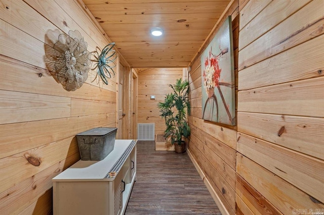 4915 Albert Pike Rd, Hot Springs, AR 71913 - hall featuring wood walls, wood ceiling, and dark wood finished floors