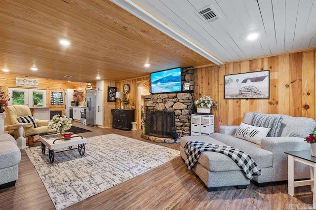4915 Albert Pike Rd, Hot Springs, AR 71913 - living area with wood ceiling, a fireplace, wooden walls, wood finished floors, and recessed lighting