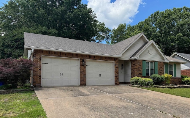 ranch-style house featuring brick siding, an attached garage, driveway, and a shingled roof