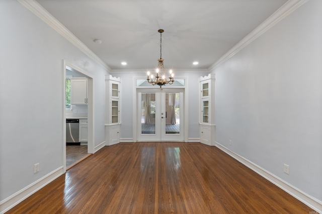 111 Midland St, Little Rock, AR 72205 - unfurnished dining area featuring a chandelier, dark wood-style floors, crown molding, french doors, and baseboards