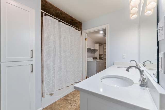 111 Midland St, Little Rock, AR 72205 - bathroom featuring separate washer and dryer, double vanity, and shower / bath combination with curtain