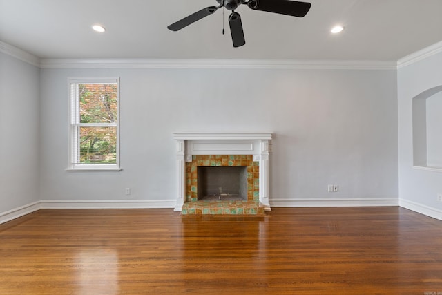 111 Midland St, Little Rock, AR 72205 - unfurnished living room featuring crown molding, wood finished floors, ceiling fan, a tile fireplace, and recessed lighting