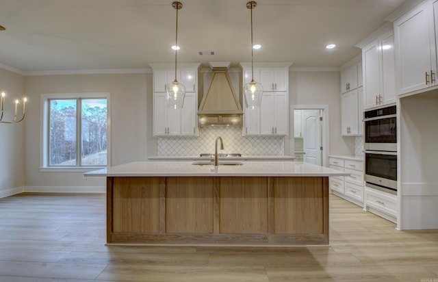 173 Maumelle Valley Dr, Maumelle, AR 72113 - kitchen featuring a sink, custom exhaust hood, crown molding, stainless steel double oven, and light wood-style floors