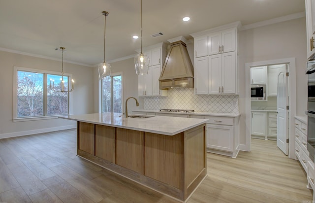 173 Maumelle Valley Dr, Maumelle, AR 72113 - kitchen featuring premium range hood, a sink, stainless steel appliances, crown molding, and tasteful backsplash
