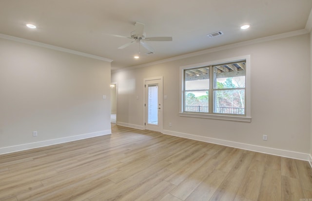 173 Maumelle Valley Dr, Maumelle, AR 72113 - unfurnished living room featuring ornamental molding, light wood finished floors, a ceiling fan, baseboards, and recessed lighting