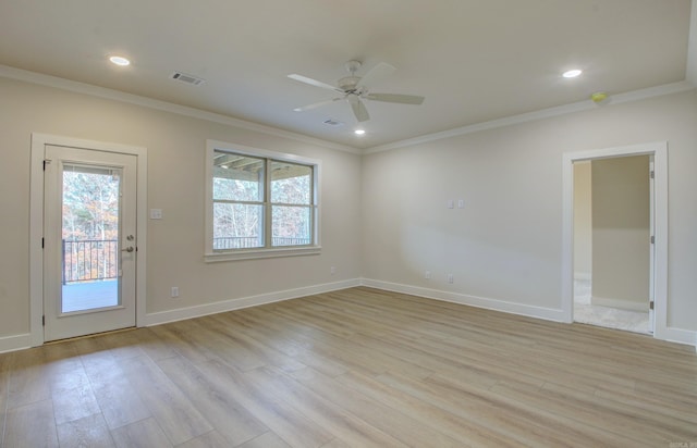 173 Maumelle Valley Dr, Maumelle, AR 72113 - spare room featuring ornamental molding, ceiling fan, light wood-style flooring, baseboards, and recessed lighting