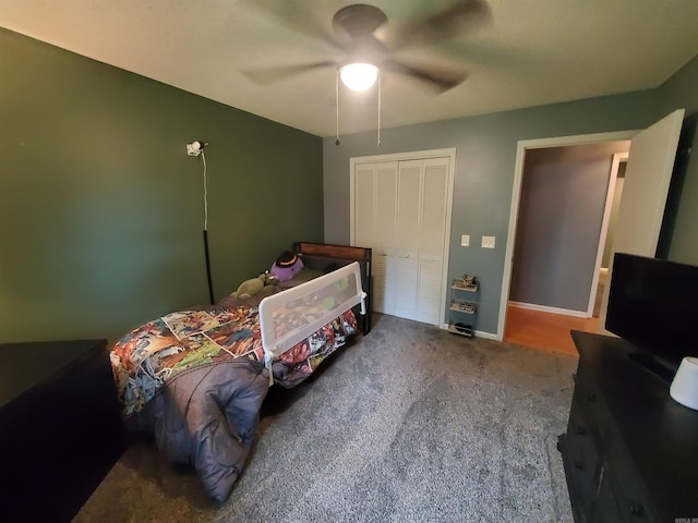800 Hilltop Dr, Piggott, AR 72454 - carpeted bedroom featuring a closet, ceiling fan, and baseboards