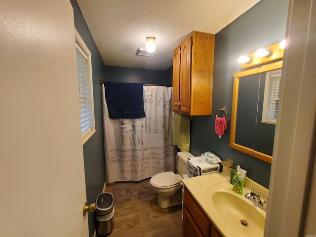800 Hilltop Dr, Piggott, AR 72454 - bathroom featuring wood finished floors, vanity, toilet, a shower with curtain, and a textured ceiling