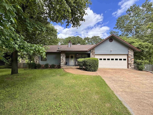 7 Minentonka Dr, Cherokee Village, AR 72529 - ranch-style house featuring stone siding, a garage, a chimney, and concrete driveway