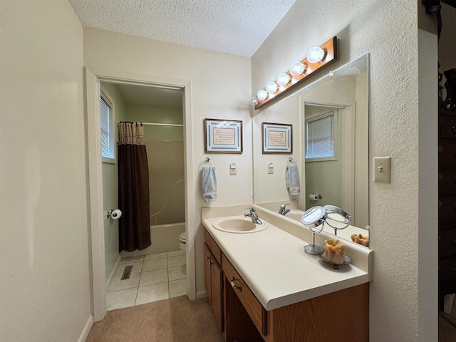 7 Minentonka Dr, Cherokee Village, AR 72529 - bathroom with vanity, shower / tub combo, a textured ceiling, tile patterned flooring, and toilet