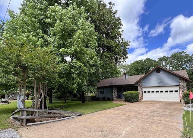 7 Minentonka Dr, Cherokee Village, AR 72529 - view of front of house featuring stone siding, a garage, concrete driveway, a front lawn, and a chimney