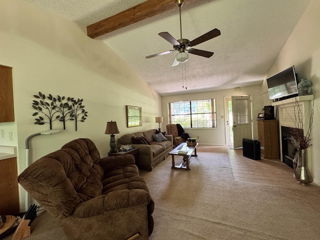 7 Minentonka Dr, Cherokee Village, AR 72529 - carpeted living area with a textured ceiling, ceiling fan, a fireplace, and baseboards