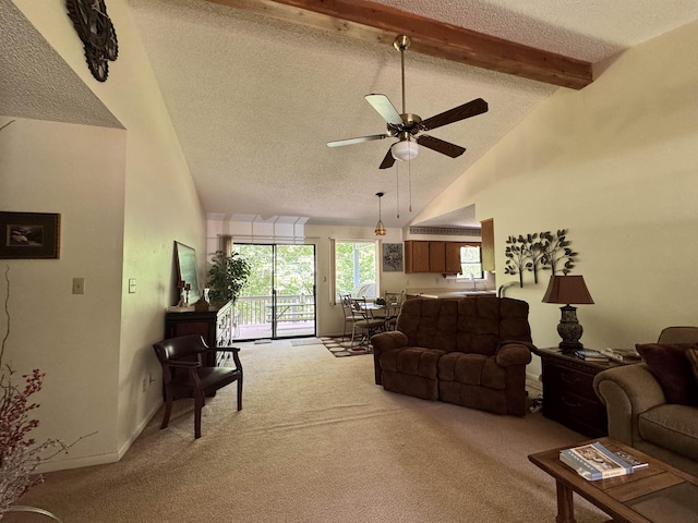 7 Minentonka Dr, Cherokee Village, AR 72529 - living area with carpet, beamed ceiling, high vaulted ceiling, a textured ceiling, and ceiling fan