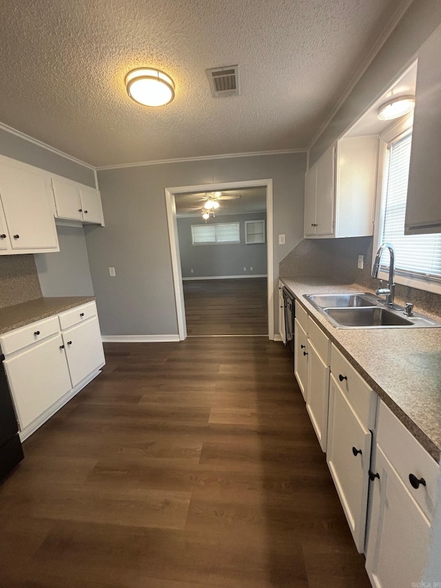 kitchen featuring a sink, a textured ceiling, ornamental molding, white cabinetry, and dark wood-style floors