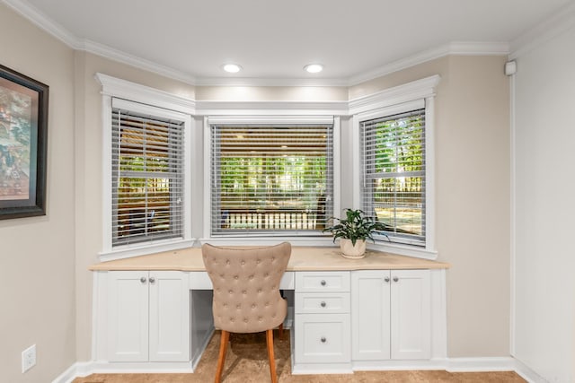8 Cannon Ct, Little Rock, AR 72212 - office area with built in desk, ornamental molding, and recessed lighting