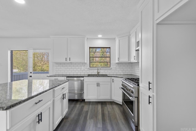 716 Vinson, Little Rock, AR 72205 - kitchen with appliances with stainless steel finishes, a sink, dark stone countertops, tasteful backsplash, and white cabinetry