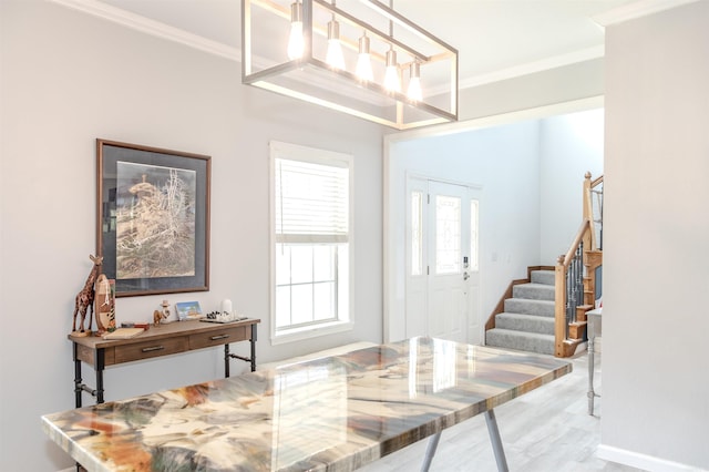 47 Lakeview Rd, Houston, AR 72070 - entryway featuring stairway, ornamental molding, wood finished floors, and a chandelier