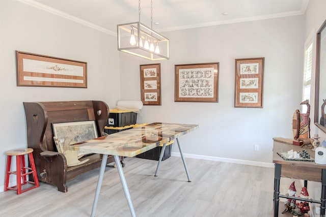 47 Lakeview Rd, Houston, AR 72070 - home office featuring light wood-type flooring, crown molding, baseboards, and a chandelier