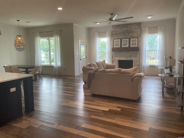 2009 Berkshire Dr, Benton, AR 72019 - living room featuring plenty of natural light, a ceiling fan, dark wood-style flooring, and recessed lighting