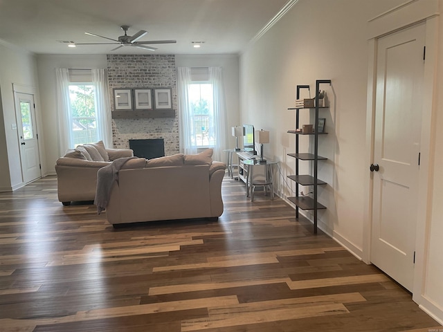 2009 Berkshire Dr, Benton, AR 72019 - living room with ceiling fan, a fireplace, dark wood finished floors, crown molding, and baseboards