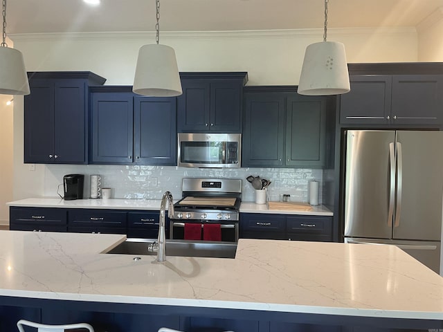 2009 Berkshire Dr, Benton, AR 72019 - kitchen featuring stainless steel appliances, decorative backsplash, hanging light fixtures, light stone countertops, and ornamental molding