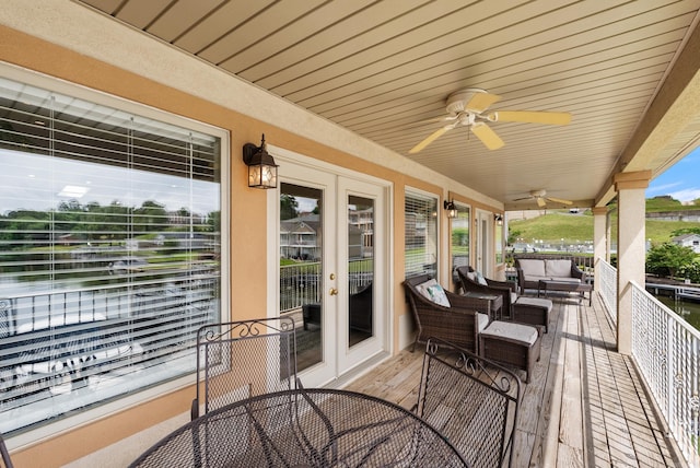 110 Jamison Ln, Hot Springs, AR 71913 - wooden terrace featuring an outdoor hangout area, french doors, ceiling fan, and outdoor dining area