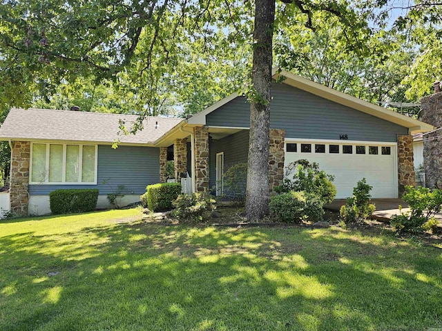 148 Dunn Hollow Dr, Fairfield Bay, AR 72088 - view of front facade with stone siding, a garage, a front lawn, and a shingled roof
