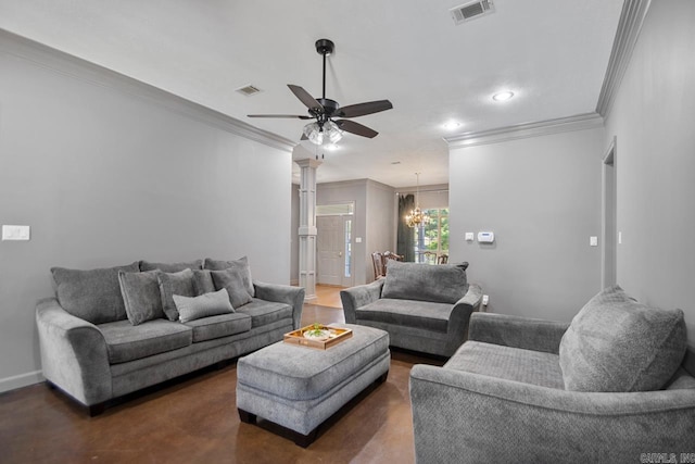 living room featuring ornamental molding, ceiling fan, a chandelier, baseboards, and recessed lighting