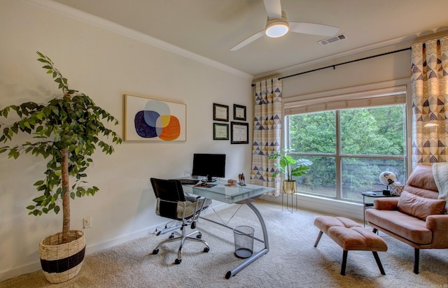 32 Bronte Ct, Little Rock, AR 72223 - office featuring carpet floors, crown molding, ceiling fan, and baseboards