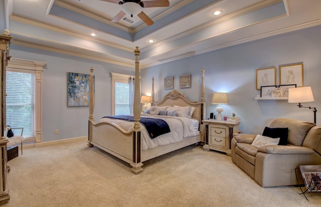 32 Bronte Ct, Little Rock, AR 72223 - bedroom featuring light carpet, a tray ceiling, ornamental molding, ceiling fan, and recessed lighting