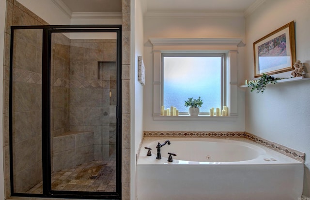 32 Bronte Ct, Little Rock, AR 72223 - bathroom featuring a bath, a shower stall, and crown molding