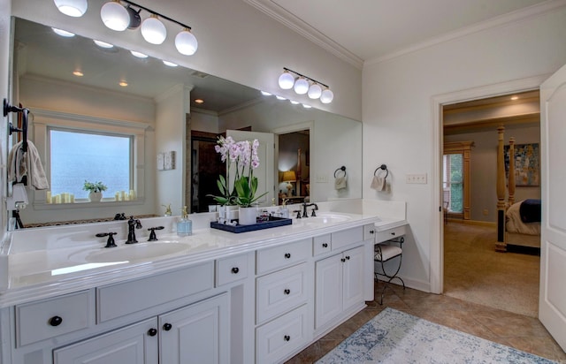 32 Bronte Ct, Little Rock, AR 72223 - bathroom featuring connected bathroom, ornamental molding, double vanity, and tile patterned flooring