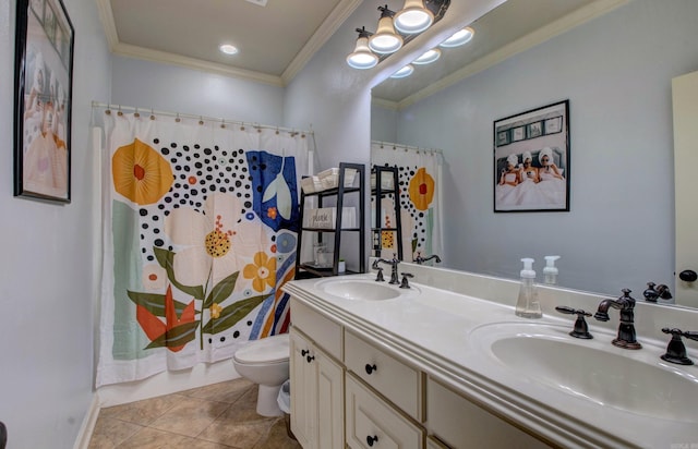 32 Bronte Ct, Little Rock, AR 72223 - full bath featuring ornamental molding, tile patterned flooring, toilet, and double vanity