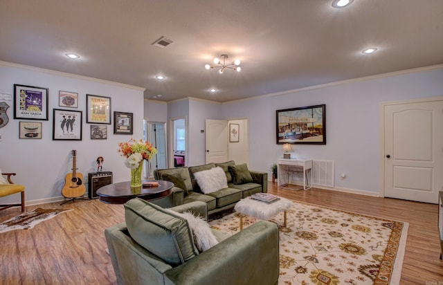 32 Bronte Ct, Little Rock, AR 72223 - living area with baseboards, ornamental molding, light wood-style floors, a chandelier, and recessed lighting