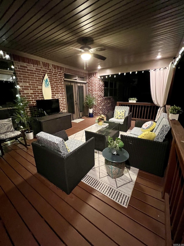 32 Bronte Ct, Little Rock, AR 72223 - wooden terrace with an outdoor hangout area and a ceiling fan