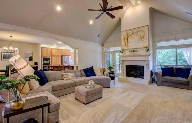 32 Bronte Ct, Little Rock, AR 72223 - living area with arched walkways, light carpet, recessed lighting, high vaulted ceiling, and a glass covered fireplace