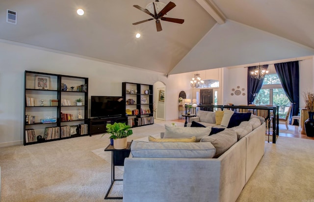 32 Bronte Ct, Little Rock, AR 72223 - living area with a chandelier, beam ceiling, high vaulted ceiling, arched walkways, and light carpet