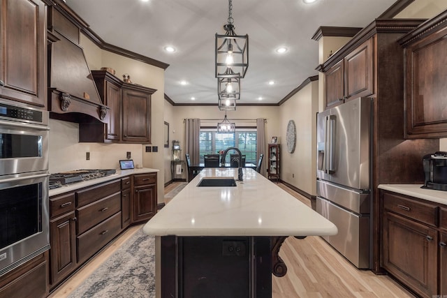 kitchen with stainless steel appliances, a sink, crown molding, light wood-type flooring, and custom exhaust hood