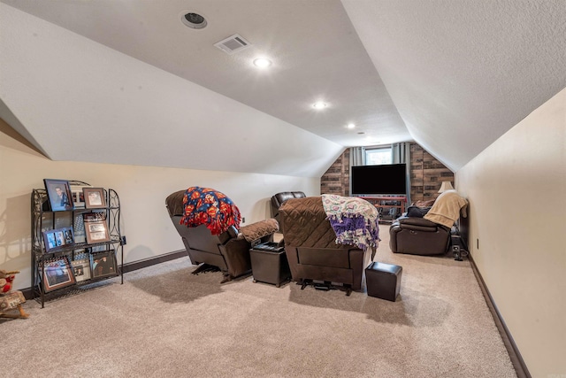 cinema room with carpet, vaulted ceiling, baseboards, a textured ceiling, and recessed lighting