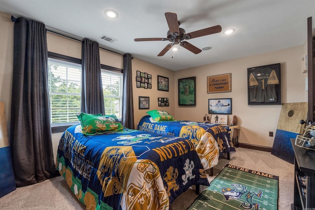 bedroom featuring carpet flooring, recessed lighting, baseboards, and a ceiling fan
