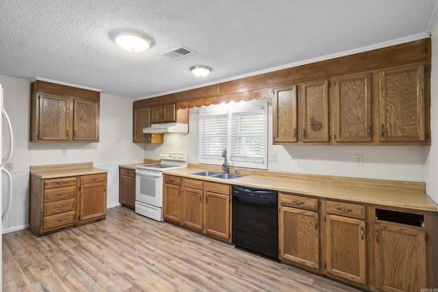 503 N Walnut St, Searcy, AR 72143 - kitchen with dishwasher, a sink, white electric stove, under cabinet range hood, and brown cabinetry