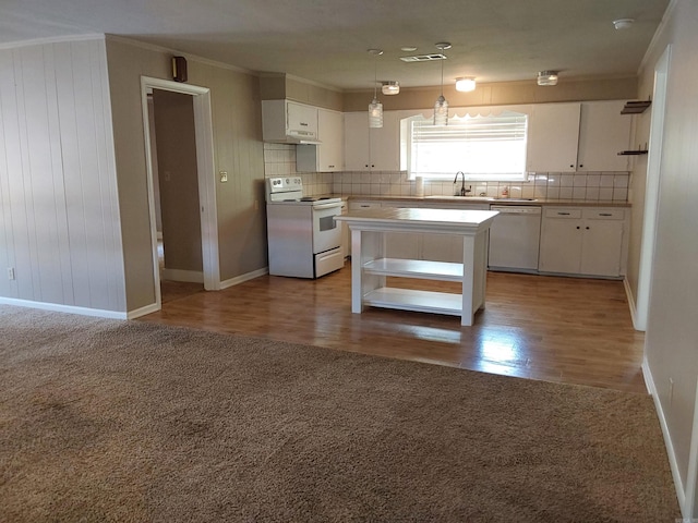 3810 Congo Rd, Benton, AR 72019 - kitchen with white appliances, ornamental molding, carpet flooring, white cabinets, and decorative backsplash