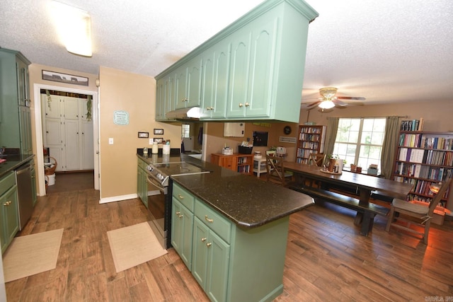 22 Primrose Ln, Greenbrier, AR 72058 - kitchen with green cabinets, stainless steel appliances, a textured ceiling, ceiling fan, and dark wood-style flooring