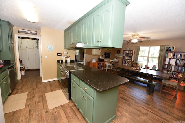 22 Primrose Ln, Greenbrier, AR 72058 - kitchen with green cabinetry, stainless steel appliances, ceiling fan, dark wood-style flooring, and a textured ceiling