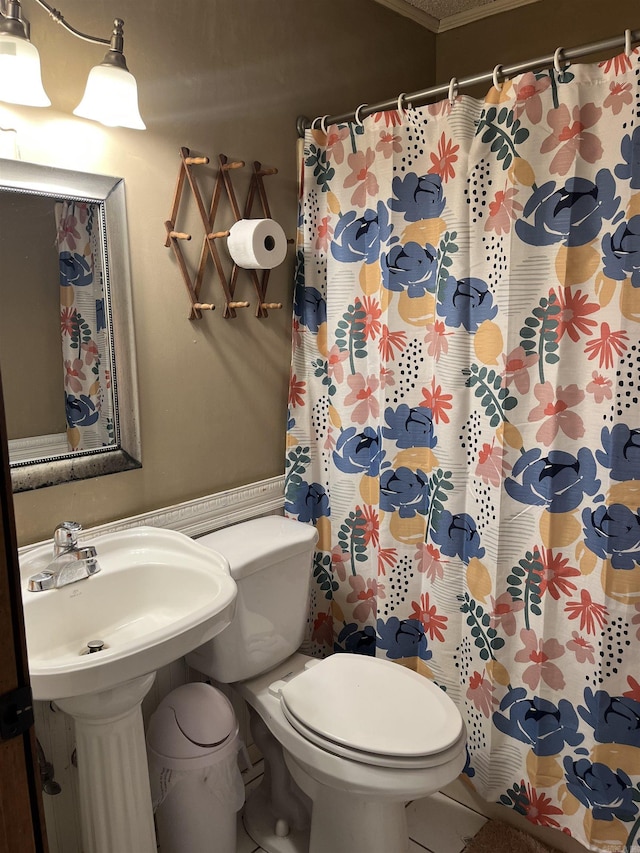 911 Apple Rd, Bonnerdale, AR 71933 - full bathroom featuring toilet, curtained shower, crown molding, and a sink
